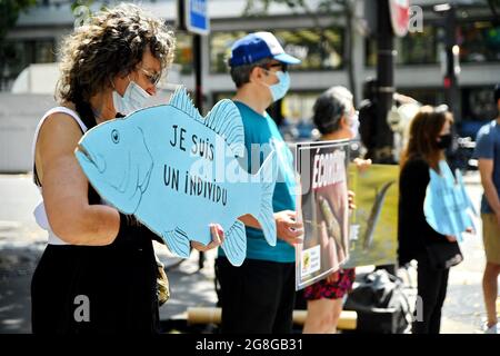 Les partisans de Paris Animaux Zoopolis (PAZ) protestent contre la pêche vivante à l'extérieur du magasin de Decathlon à Paris, France, le 20 juillet 2021. Photo par Karim ait Adjedjou/avenir Pictures/ABACAPRESS.COM Banque D'Images