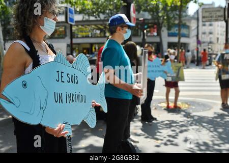 Les partisans de Paris Animaux Zoopolis (PAZ) protestent contre la pêche vivante à l'extérieur du magasin de Decathlon à Paris, France, le 20 juillet 2021. Photo par Karim ait Adjedjou/avenir Pictures/ABACAPRESS.COM Banque D'Images