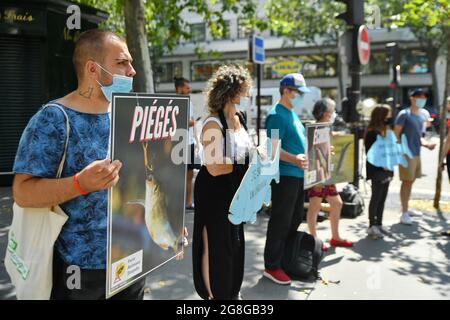 Les partisans de Paris Animaux Zoopolis (PAZ) protestent contre la pêche vivante à l'extérieur du magasin de Decathlon à Paris, France, le 20 juillet 2021. Photo par Karim ait Adjedjou/avenir Pictures/ABACAPRESS.COM Banque D'Images
