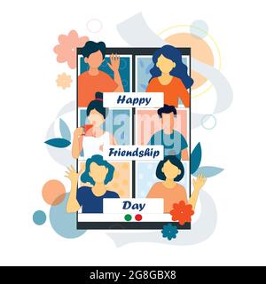 Affiche de la journée de l'amitié. Dans cette affiche, les amis célèbrent la journée de l'amitié en visiophonie sur un téléphone mobile Illustration de Vecteur