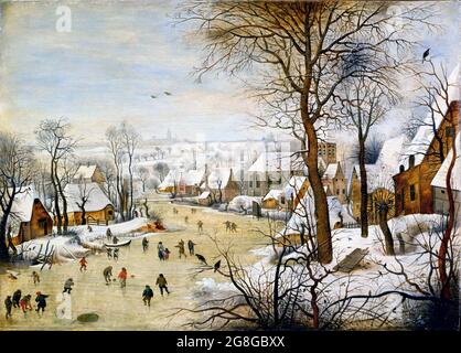 Paysage d'hiver avec piège à oiseaux par Pieter Brueghel le plus jeune (1564-1638), huile sur panneau Banque D'Images