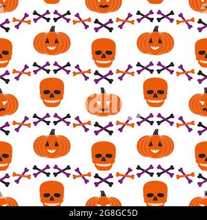 Halloween Holiday icônes drôle sans couture motif géométrique vectoriel. Joli motif citrouille effrayant, os de crâne. Décoration de fête d'Halloween Illustration de Vecteur