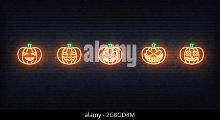 Panneau néon citrouille Halloween. Ensemble de lanternes lumineuses Jack O pour la fête d'Halloween Illustration de Vecteur