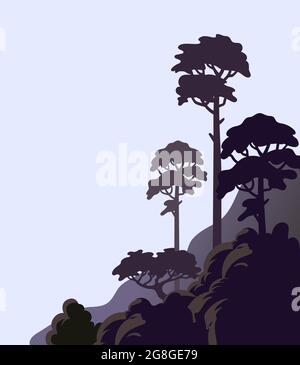 Pins sur une falaise, rive rocheuse avec de grands arbres. Illustration vectorielle de style dessin animé plat Illustration de Vecteur