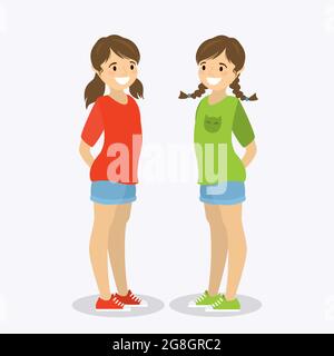 Deux filles happy teen, des jumeaux avec différents styles de cheveux, de mignons femmes enfants personnages isolés sur fond blanc, illustration vectorielle plate Illustration de Vecteur