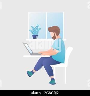 Homme au travail, bureau ou lieu de travail à domicile, personnage masculin, indépendant ou travailleur de bureau, illustration vectorielle tendance Illustration de Vecteur