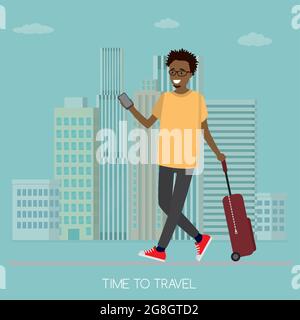 Afro-américain gars avec valise et smartphone, heureux homme voyageur, paysage urbain sur fond, temps de voyage-texte, illustration vectorielle plate Illustration de Vecteur