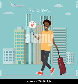 Afro-américain gars avec valise et smartphone, heureux homme voyageur, système de navigation dans le téléphone mobile, paysage urbain sur fond, temps de voyage- Illustration de Vecteur