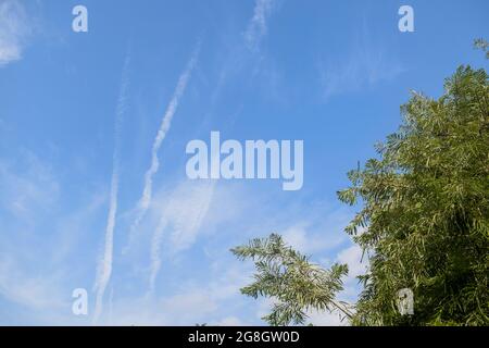 Jet plane contrails ou les pistes de type fumée de vapeur d'air vu dans le ciel bleu clair de la maison. Avion dans le ciel Banque D'Images