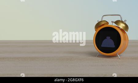 représentation 3d d'un réveil couleur avec symbole de la cloche du concierge de l'hôtel sur une table en bois et un mur coloré Banque D'Images