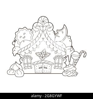 Livre de coloriage: Noël, maison de pain d'épice avec arbre de Noël marshmallow, avec de la crème sous forme de neige sur le toit.Illustration vectorielle, noir blanc Illustration de Vecteur