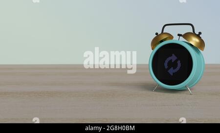 rendu 3d du réveil couleur avec symbole des flèches de chargement sur l'affichage des points sur une table en bois avec un mur coloré Banque D'Images