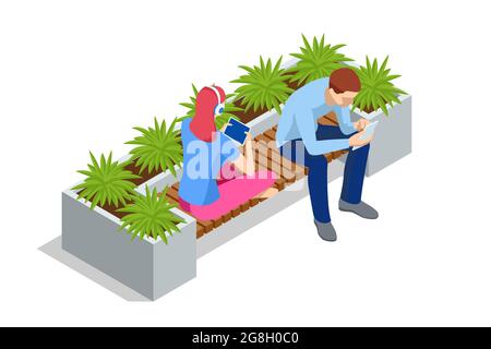 Vecteur de banc de rue éco-moderne isométrique pour la conception de Web isolée sur blanc. Un banc moderne avec lit de fleur dans un parc de la ville. Amélioration de la ville, urbaine Illustration de Vecteur