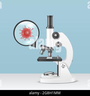 Vector 3d Realistic White Laboratory microscope, virus, bactéries et loupe. Chimie, outil de biologie. Science, Laboratoire, recherche, éducation Illustration de Vecteur