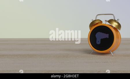 rendu 3d du réveil couleur avec symbole de sèche-cheveux et affichage d'air chaud sur une table en bois avec un mur coloré Banque D'Images