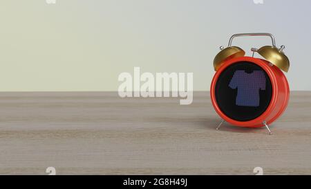 rendu 3d d'un réveil couleur avec symbole de vêtements de t-shirt sur une table en bois avec un mur coloré Banque D'Images