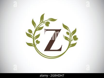 Lettre initiale symbole signe Z avec couronne de branche d'olive. Cadre floral rond fabriqué par la branche d'olive. Logo de l'industrie agricole Illustration de Vecteur