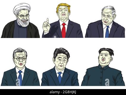 Ensemble de leaders mondiaux. Donald Trump, Hassan Rouhani, Benjamin Netanyahu, Moon Jae-in, Shinzo Abe, Kim Jong-un. Caricature de dessin animé Portrait Illustration de Vecteur