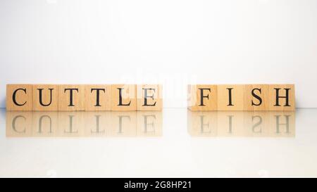 Le nom Cuttlefish a été créé à partir de cubes de lettre en bois. Fruits de mer et nourriture. Gros plan. Banque D'Images