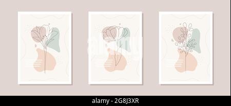 Collection d'affiches de fleurs contemporaines. Éléments botaniques abstraits dessinés à la main. Design intérieur minimaliste et décoration murale naturelle. Vecteur moderne Illustration de Vecteur
