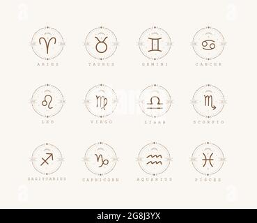 Signes du zodiaque en style boho. Ensemble d'icônes astrologiques isolées sur fond blanc. Mystère et ésotérique. Illustration vectorielle du logo Horoscope Illustration de Vecteur