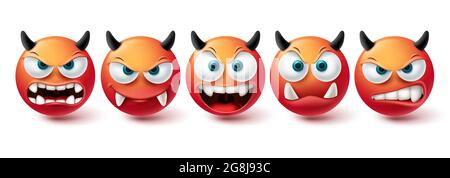 Ensemble de vecteurs du visage smiley mal. Smileys emoji Bad, Monster, Daemon et effrayant rouge collection d'icônes isolée en fond blanc pour la conception d'éléments graphiques. Illustration de Vecteur