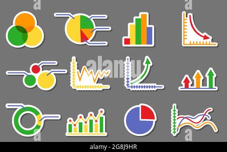 Graphiques, graphiques marketing, infographies commerciales, différents diagrammes, modèle de présentation et ensemble d'analyses financières. Autocollants plats vectoriels étiquettes collection d'icônes isolées sur fond gris Illustration de Vecteur