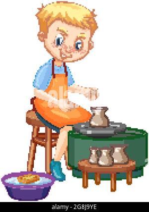 Personnage de dessin animé garçon faisant de l'argile poterie sur fond blanc illustration Illustration de Vecteur