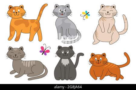 Les chats sont caricatures et plats colorés, bon-natures, dans différentes couleurs, visages inhabituels, divers poses ensemble. Chatons amusants, animaux domestiques. Des papillons lumineux volent. Illustration vectorielle Illustration de Vecteur