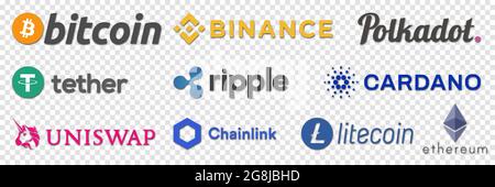 Vinnytsia, Ukraine - 20 juillet 2021. Ensemble de logos crypto-monnaies. Bitcoin, Ethereum, Binance, Tether, XRP, Polkadot, Cardano, Uniswap Litecoin chainlink Ed Illustration de Vecteur