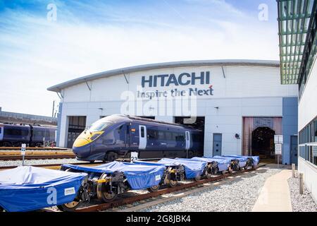 Le dépôt ferroviaire Hitachi à Kent, au Royaume-Uni, dessert les trains de voyageurs à grande vitesse de classe 395 pour la franchise ferroviaire Southeastern Railways. Banque D'Images