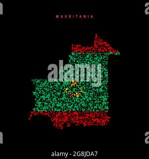 Carte du drapeau mauritanien, motif de particules chaotiques aux couleurs du drapeau mauritanien. Illustration vectorielle isolée sur fond noir. Illustration de Vecteur