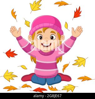 Dessin animé petite fille jetant des feuilles d'automne Illustration de Vecteur