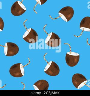 Jus de noix de coco avec paille isolée sur fond bleu. Motif sans couture Illustration de Vecteur