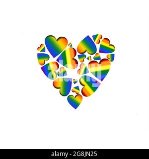 Beaucoup de coeurs flous de couleur arc-en-ciel sont disposés en forme de coeur. Un coeur lumineux aux couleurs de l'arc-en-ciel. Illustration de haute qualité Banque D'Images