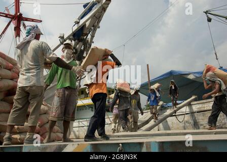 Les travailleurs transportent des sacs de ciment d'un camion sur un navire phinisi au port traditionnel de Sunda Kelapa à Penjaringan, dans le nord de Jakarta, à Jakarta, en Indonésie. Banque D'Images