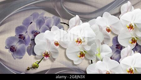 papier peint 3d, orchidées blanches et bleues sur la texture toile de tissu Banque D'Images