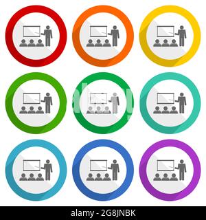 Icônes vectorielles de séminaire, de présentation et d'entraînement, boutons Web colorés au design plat Illustration de Vecteur