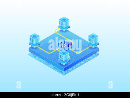 Concept de maison intelligente automatisée connectée aux centres de données du cloud. Illustration de vecteur isométrique 3D. Une maison communiquant avec une batterie de serveurs Illustration de Vecteur