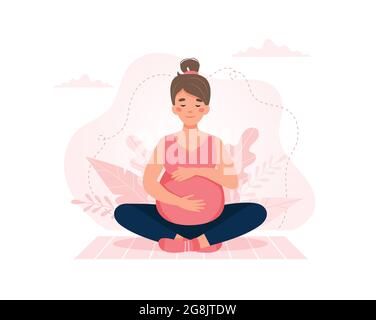 Femme enceinte faisant du yoga. Santé de grossesse, concept de méditation. Illustration. Banque D'Images