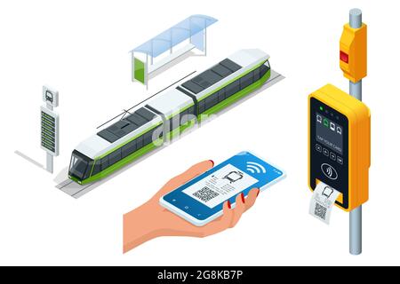 Validateur électronique isométrique du tarif des transports en commun. Paiement sans fil sans contact par téléphone mobile. Validateur de ticket de tram. Femme payant Illustration de Vecteur