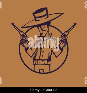 Cowboy tenant des revolvers. Art concept Wild West en monochrome. Illustration de Vecteur