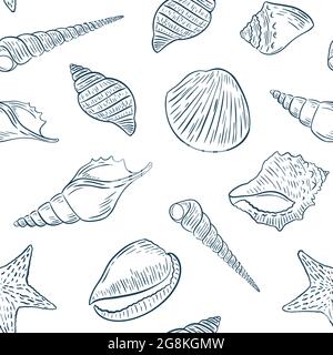 Répétition coques esquisse main dessin, illustration vectorielle. Arrière-plan transparent et vie marine. Ensemble de contours de mollusques sur fond blanc. T Illustration de Vecteur