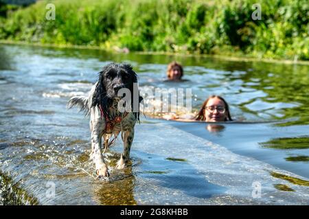 Les gens apprécient l'eau à Warleigh Weir sur la rivière Avon près de Bath dans Somerset tandis que les températures montent à travers le Royaume-Uni. Banque D'Images