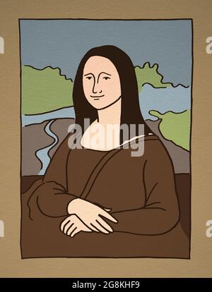 Illustration simple de style caricature du célèbre portrait de Léonard de Vinci, la Gioconda (Mona lisa) Banque D'Images