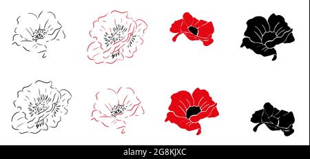 Coquelicot. Jeu d'icônes. Fleurs rouges noires sur fond blanc. Isolé Illustration de Vecteur