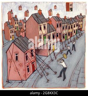 Les personnages du concept art tentent de retenir les maisons qui montent dans le ciel, illustrant la hausse des prix de l'immobilier/taux d'intérêt, les coûts de possession de la maison Banque D'Images