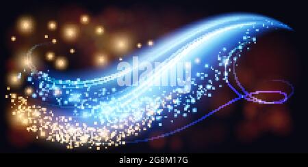 Résumé lumineux scintille dans les vagues de stardust Trail, illustration vectorielle à effet de lumière. Poussière scintillante magique et ondulée avec des particules de néon d'or et de bleu, paillettes dorées sur fond sombre Illustration de Vecteur