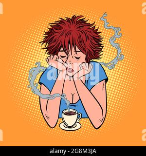 Une triste femme au sujet d'une tasse de café. Café-restaurant et restaurant. Boisson chaude Illustration de Vecteur