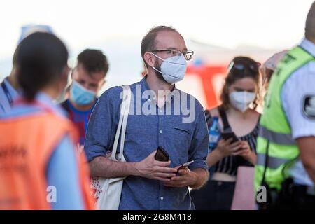 Sant Joan Despi, Espagne. 21 juillet 2021. Les supporters au stade avant le match amical de pré-saison entre le FC Barcelone et Gimnastic de Tarragona au stade Johan Cruyff à Sant Joan Despi, Espagne. (Credit image: © Gerard Franco/DAX via ZUMA Press Wire) Banque D'Images